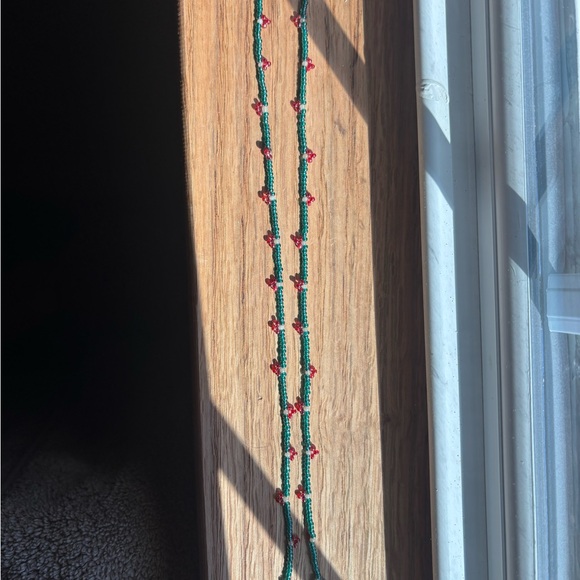 Handmade Green Beaded Necklace with Pink Accents - Picture 3 of 5